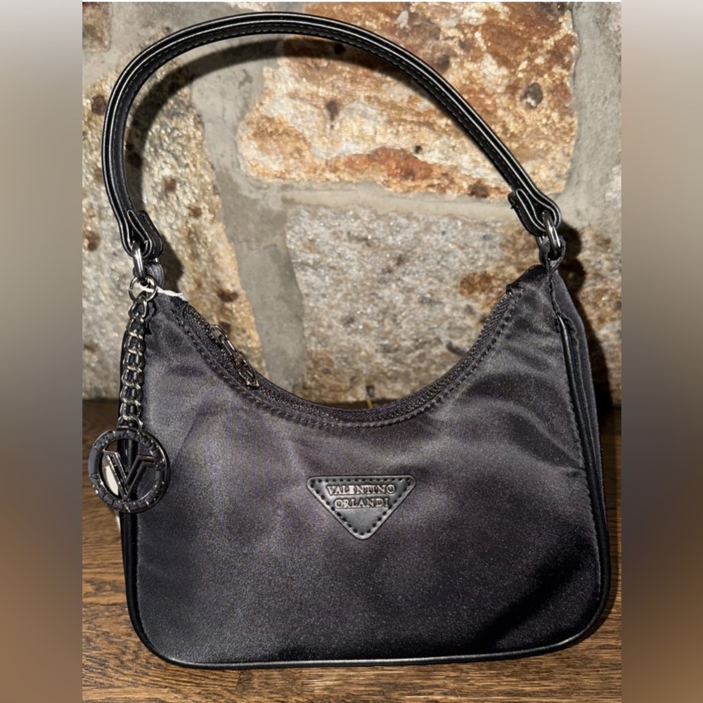 Valentino Orlandi Black Crescent Half Moon Minimal Nylon Shoulder Bag With Charm - Picture 1 of 6